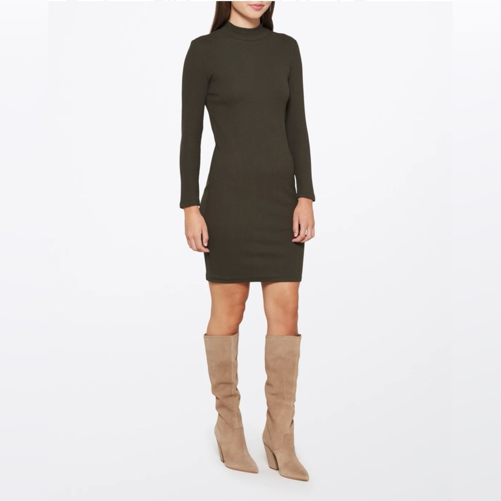 Ribbed Mock Neck Dress Olive Green